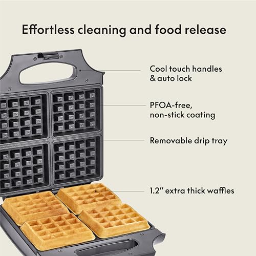 bella Waffle Iron - 4 Square Belgian Waffle Maker, Non-stick Extra Large Plates for Easy Cleanup - Compact Design, Stainless Steel, Black, 1400W - My Kitchen Products
