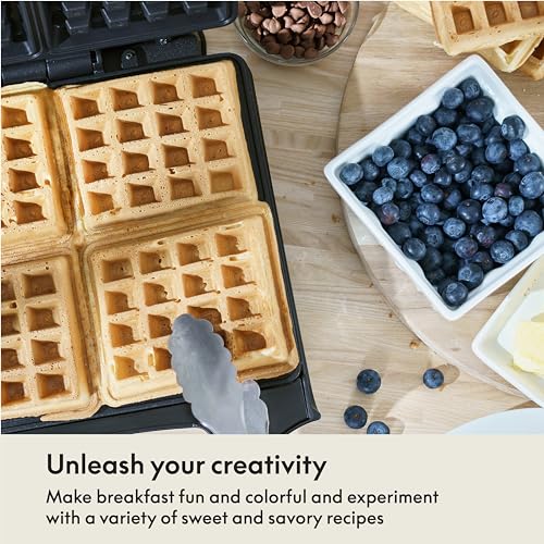 bella Waffle Iron - 4 Square Belgian Waffle Maker, Non-stick Extra Large Plates for Easy Cleanup - Compact Design, Stainless Steel, Black, 1400W - My Kitchen Products