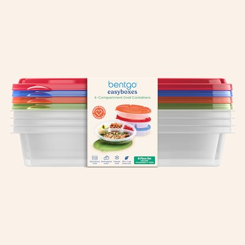 Bentgo Easyboxes 4-Compartment Oval Containers - Patented Design 8-Piece Set; 4 Trays & 4 Fitted Lids Seal in Freshness; Reusable Food Storage & Meal Prep BPA-Free Containers (Classic) - My Kitchen Products