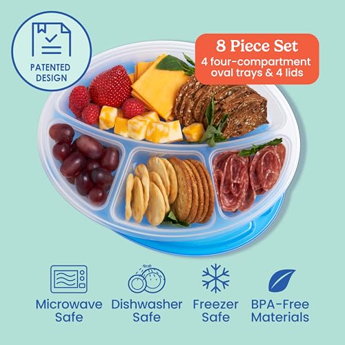 Bentgo Easyboxes 4-Compartment Oval Containers - Patented Design 8-Piece Set; 4 Trays & 4 Fitted Lids Seal in Freshness; Reusable Food Storage & Meal Prep BPA-Free Containers (Classic) - My Kitchen Products