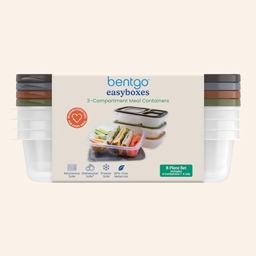 Bentgo Easyboxes - Original Stackable Lunch Boxes - Reusable 3-Compartment Food Containers for Kids and Adults - Bento Lunch Box for Meal Prep, School, & Work - BPA Free, (Earth Tones (4-Pack)) - My Kitchen Products