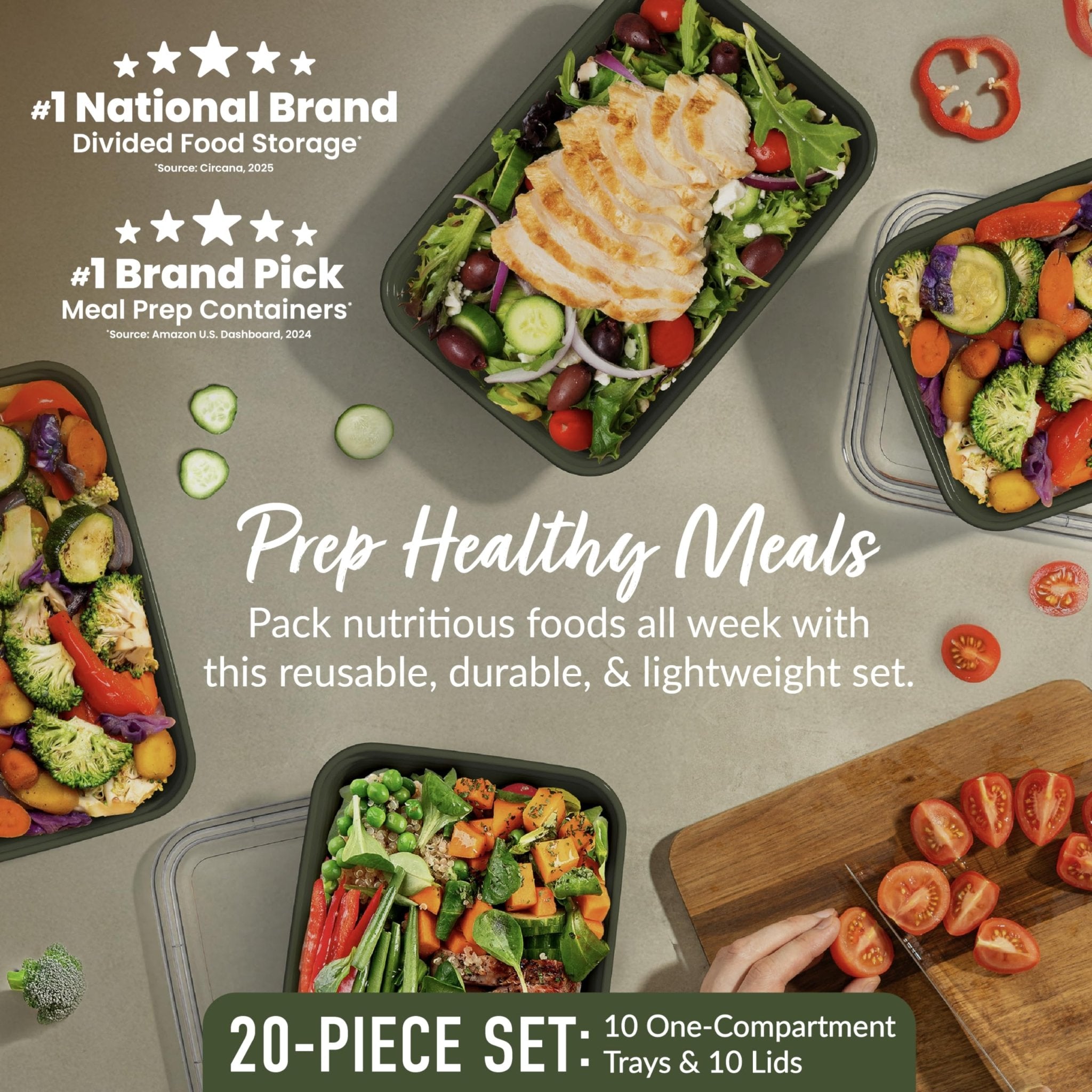 Bentgo Prep - 20-Piece 1-Compartment Reusable Meal Prep Containers with Lids, PFAS & BPA Free Materials, Durable, Microwave, Freezer, & Dishwasher Safe To Go Food Storage (Khaki Green) - My Kitchen Products