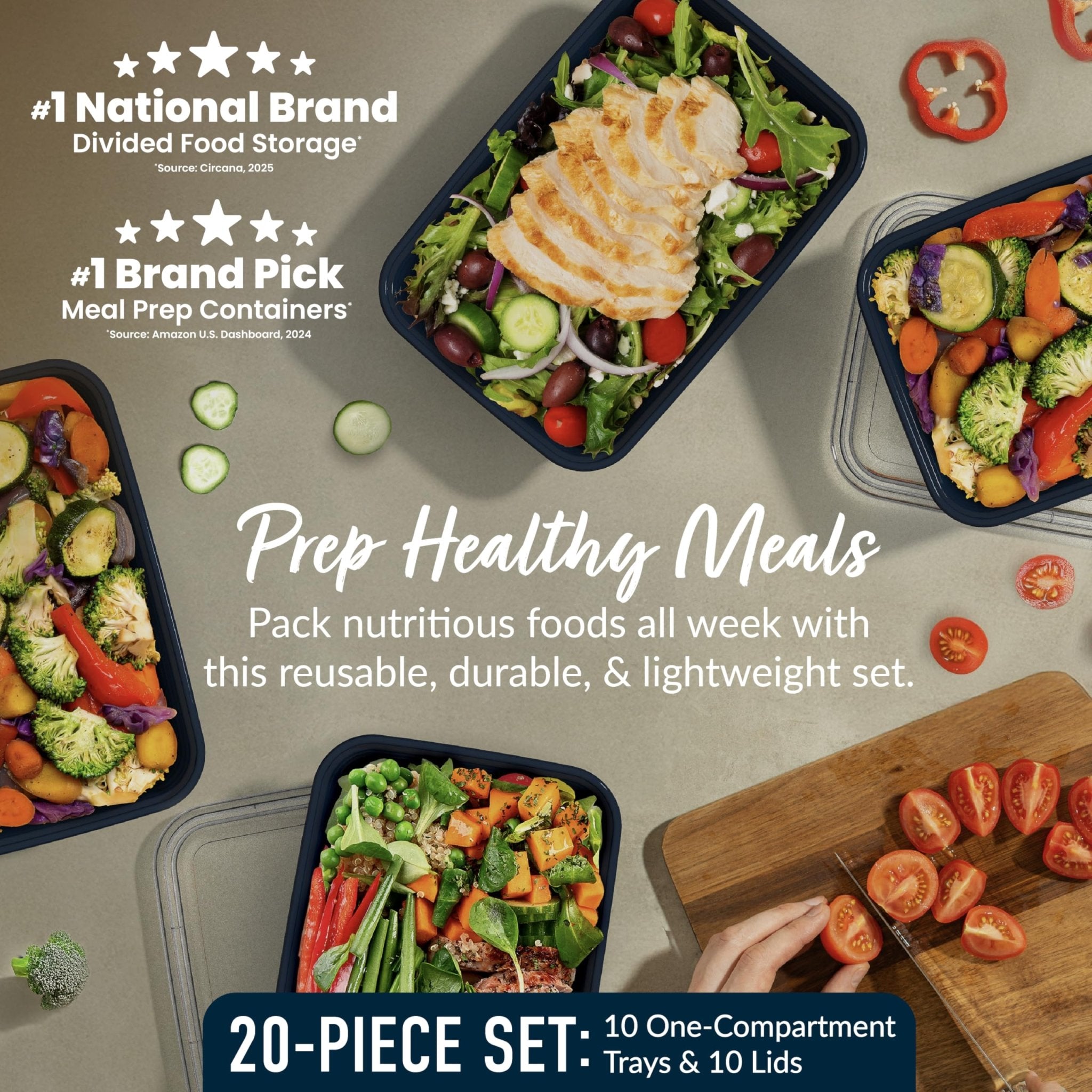 Bentgo Prep - 20-Piece 1-Compartment Reusable Meal Prep Containers with Lids, PFAS & BPA Free Materials, Durable, Microwave, Freezer, & Dishwasher Safe To Go Food Storage (Navy Blue) - My Kitchen Products