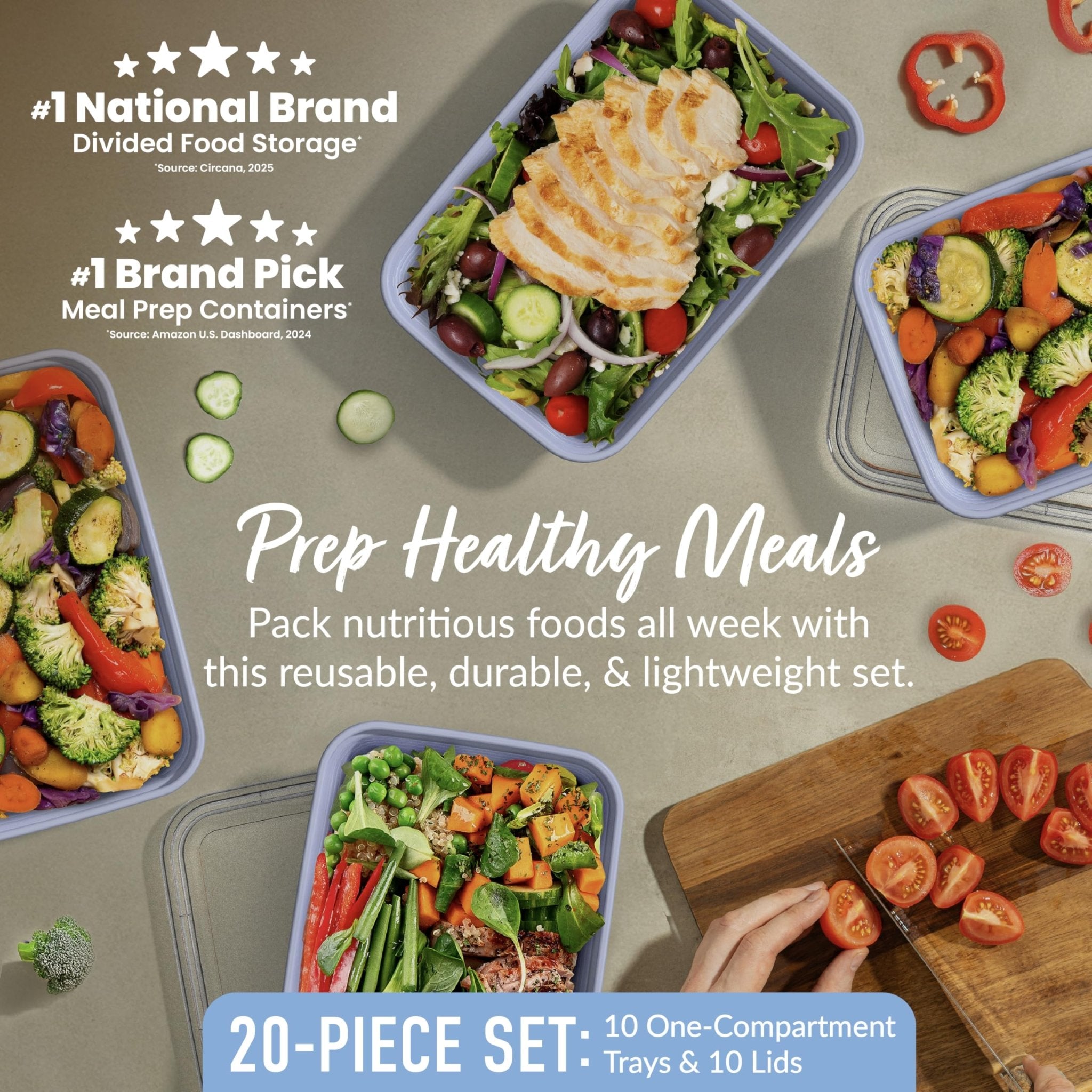 Bentgo Prep - 20-Piece 1-Compartment Reusable Meal Prep Containers with Lids, PFAS & BPA Free Materials, Durable, Microwave, Freezer, & Dishwasher Safe To Go Food Storage (Periwinkle) - My Kitchen Products