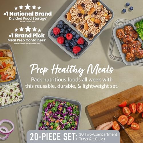 Bentgo Prep - 20-Piece 2-Compartment Reusable Meal Prep Containers with Lids, PFAS & BPA Free Materials, Durable, Microwave, Freezer, & Dishwasher Safe To Go Food Storage (Silver) - My Kitchen Products