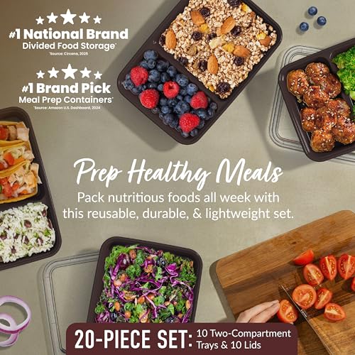 Bentgo Prep - 20-Piece 2-Compartment Reusable Meal Prep Containers with Lids, PFAS & BPA Free Materials, Durable, Microwave, Freezer, & Dishwasher Safe To Go Food Storage (Burgundy) - My Kitchen Products