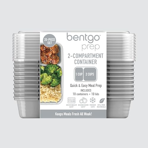 Bentgo Prep - 20-Piece 2-Compartment Reusable Meal Prep Containers with Lids, PFAS & BPA Free Materials, Durable, Microwave, Freezer, & Dishwasher Safe To Go Food Storage (Silver) - My Kitchen Products