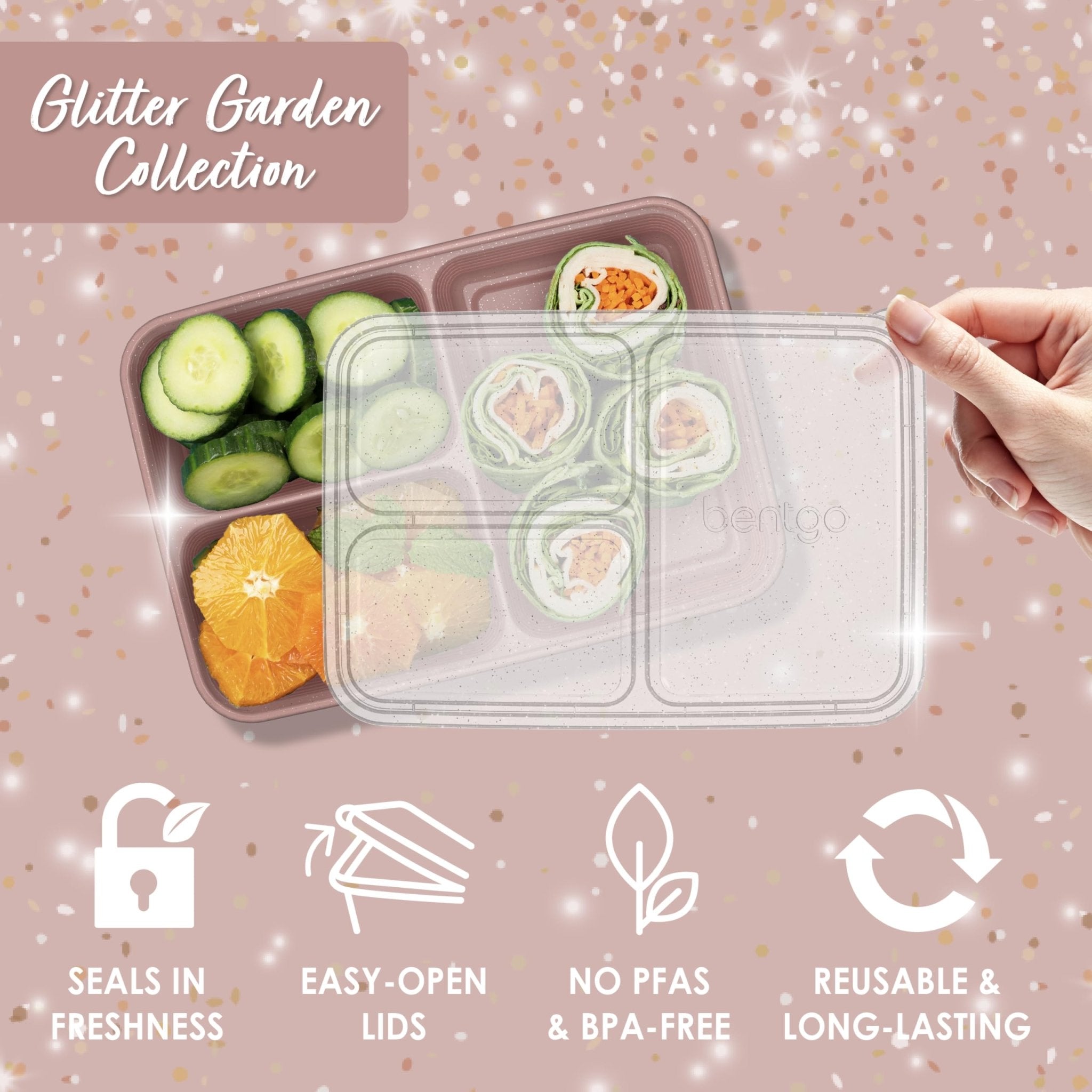 Bentgo Prep - 20-Piece 3-Compartment Reusable Meal Prep Containers with Lids, PFAS & BPA Free Materials, Durable, Microwave, Freezer, & Dishwasher Safe To Go Food Storage (Rosette Glitter) - My Kitchen Products