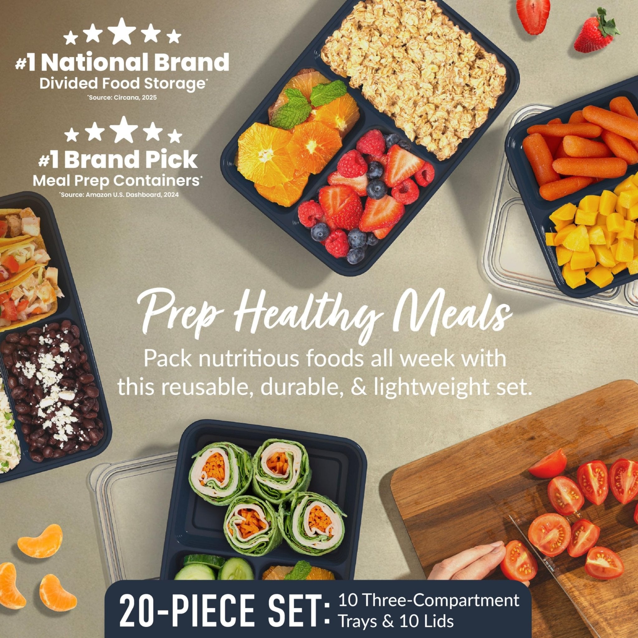Bentgo Prep - 20-Piece 3-Compartment Reusable Meal Prep Containers with Lids, PFAS & BPA Free Materials, Durable, Microwave, Freezer, & Dishwasher Safe To Go Food Storage (Navy Blue) - My Kitchen Products