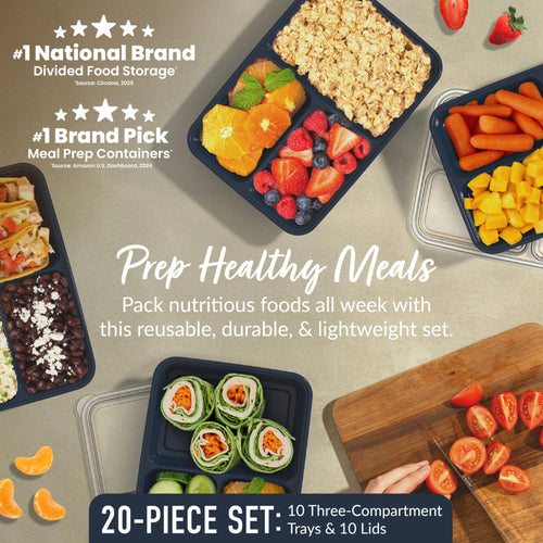 Bentgo Prep - 20-Piece 3-Compartment Reusable Meal Prep Containers with Lids, PFAS & BPA Free Materials, Durable, Microwave, Freezer, & Dishwasher Safe To Go Food Storage (Navy Blue) - My Kitchen Products