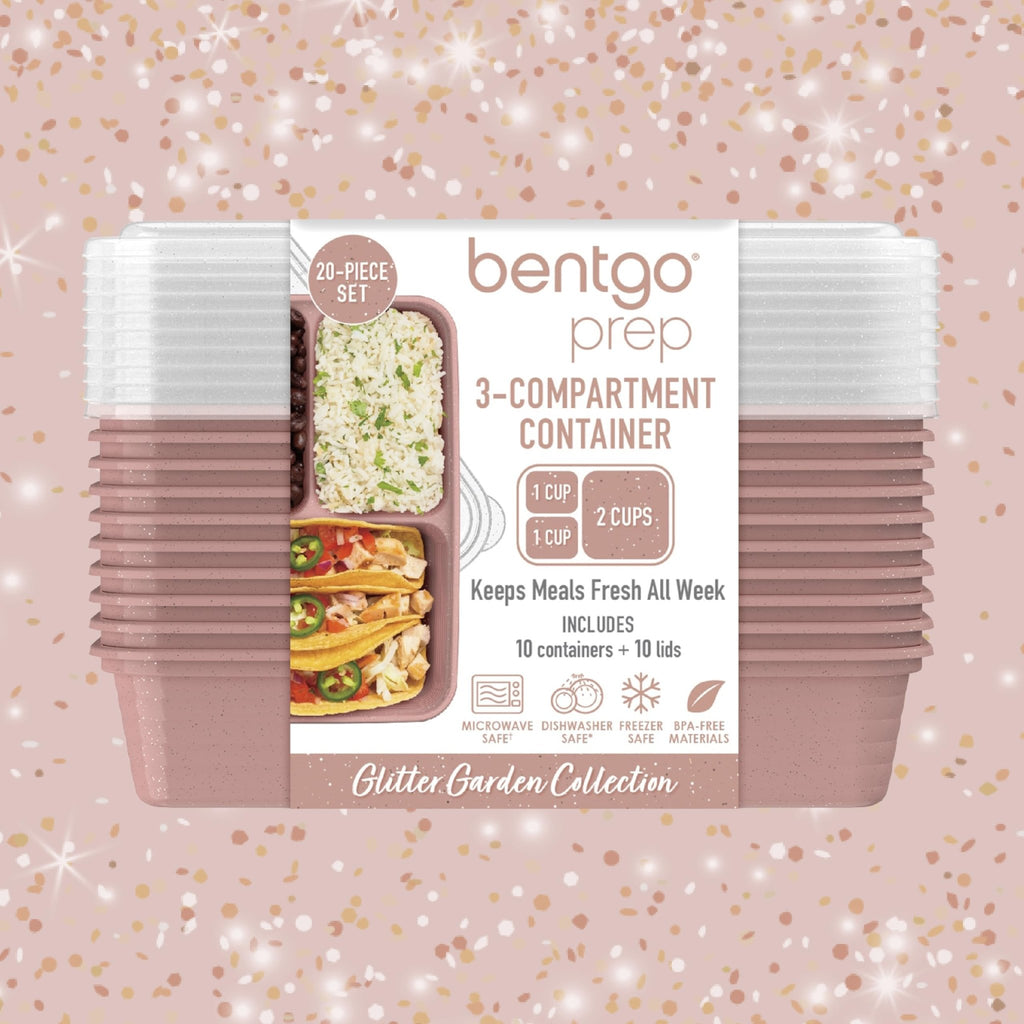 Bentgo Prep - 20-Piece 3-Compartment Reusable Meal Prep Containers with Lids, PFAS & BPA Free Materials, Durable, Microwave, Freezer, & Dishwasher Safe To Go Food Storage (Rosette Glitter) - My Kitchen Products