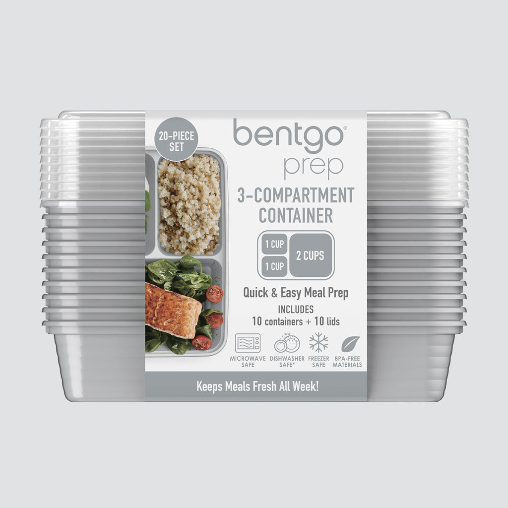 Bentgo Prep - 20-Piece 3-Compartment Reusable Meal Prep Containers with Lids, PFAS & BPA Free Materials, Durable, Microwave, Freezer, & Dishwasher Safe To Go Food Storage (Silver) - My Kitchen Products