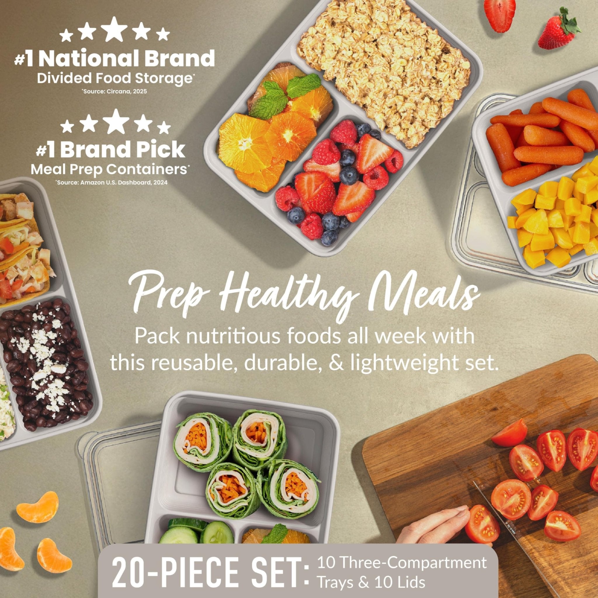 Bentgo Prep - 20-Piece 3-Compartment Reusable Meal Prep Containers with Lids, PFAS & BPA Free Materials, Durable, Microwave, Freezer, & Dishwasher Safe To Go Food Storage (Stone Gray) - My Kitchen Products