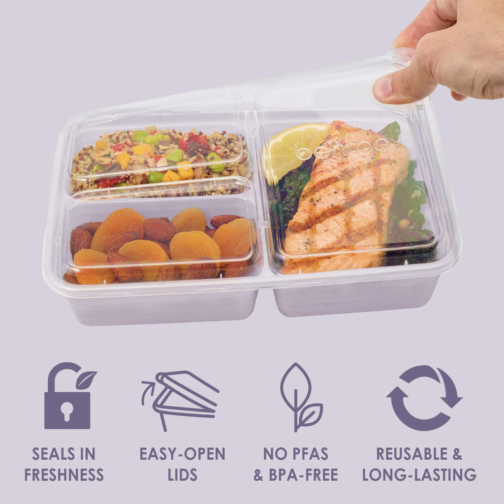 Bentgo Prep - 20-Piece 3-Compartment Reusable Meal Prep Containers with Lids, PFAS & BPA Free Materials, Durable, Microwave, Freezer, & Dishwasher Safe To Go Food Storage (Lilac) - My Kitchen Products