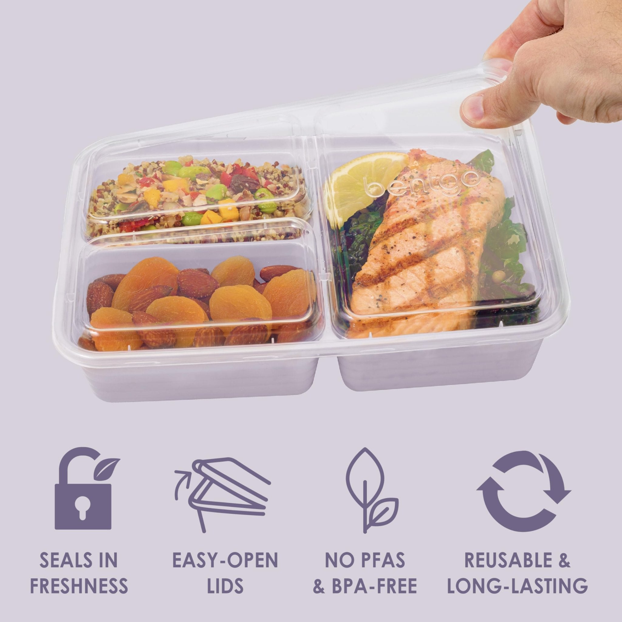 Bentgo Prep - 20-Piece 3-Compartment Reusable Meal Prep Containers with Lids, PFAS & BPA Free Materials, Durable, Microwave, Freezer, & Dishwasher Safe To Go Food Storage (Lilac) - My Kitchen Products