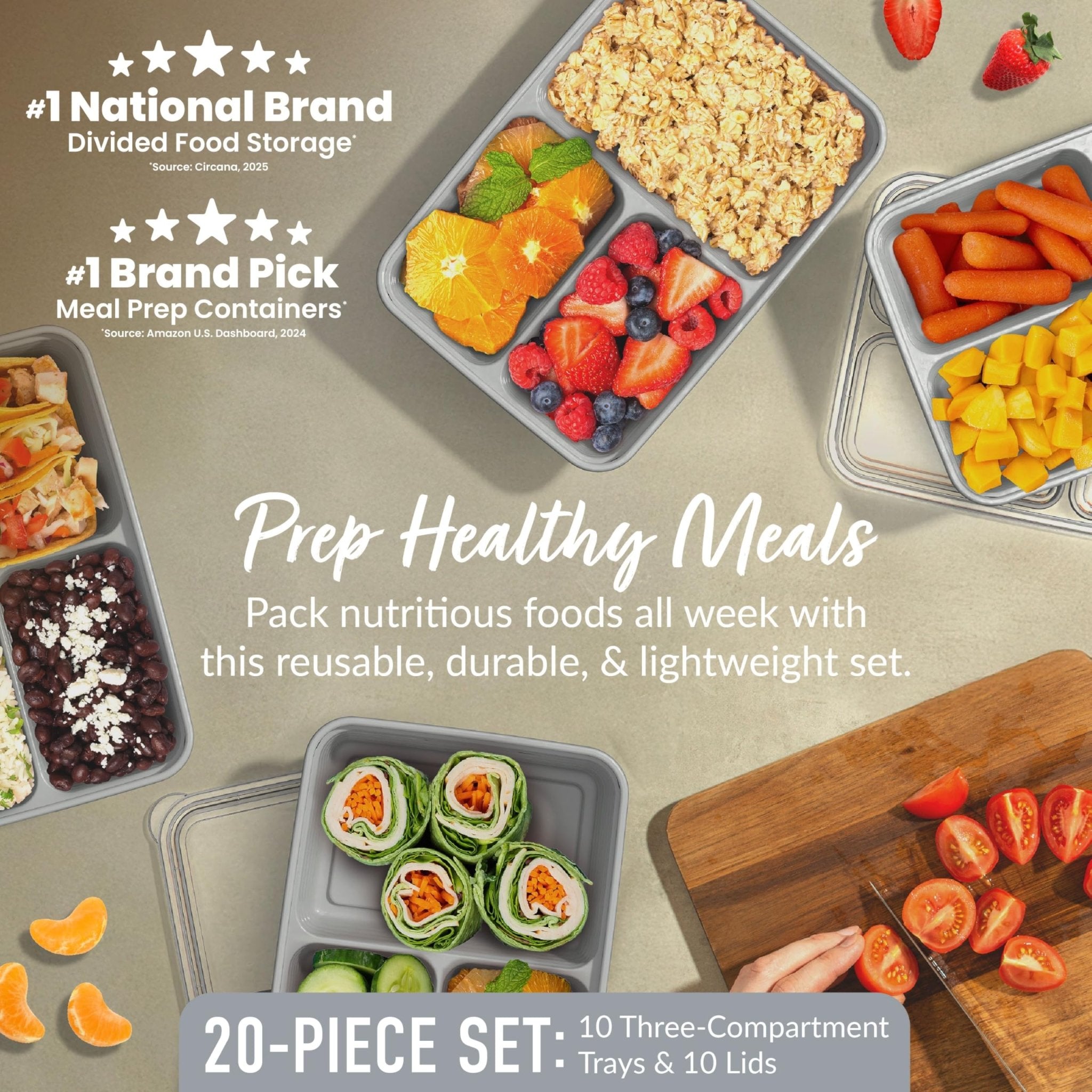 Bentgo Prep - 20-Piece 3-Compartment Reusable Meal Prep Containers with Lids, PFAS & BPA Free Materials, Durable, Microwave, Freezer, & Dishwasher Safe To Go Food Storage (Silver) - My Kitchen Products