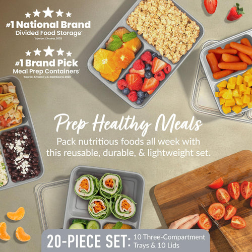 Bentgo Prep - 20-Piece 3-Compartment Reusable Meal Prep Containers with Lids, PFAS & BPA Free Materials, Durable, Microwave, Freezer, & Dishwasher Safe To Go Food Storage (Silver) - My Kitchen Products
