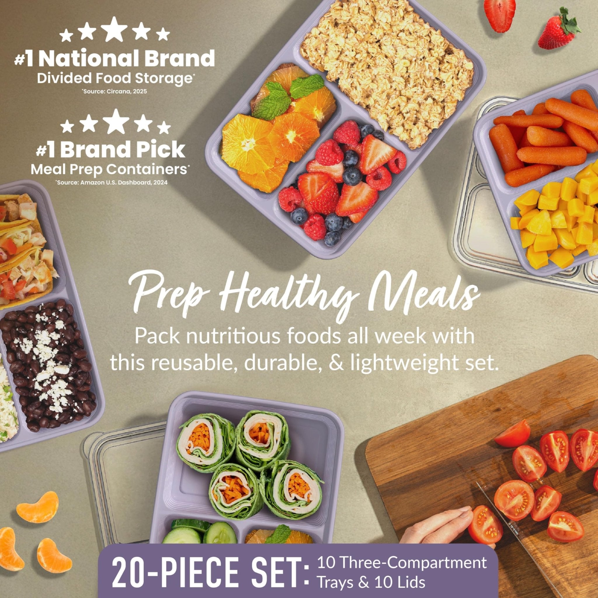 Bentgo Prep - 20-Piece 3-Compartment Reusable Meal Prep Containers with Lids, PFAS & BPA Free Materials, Durable, Microwave, Freezer, & Dishwasher Safe To Go Food Storage (Lilac) - My Kitchen Products