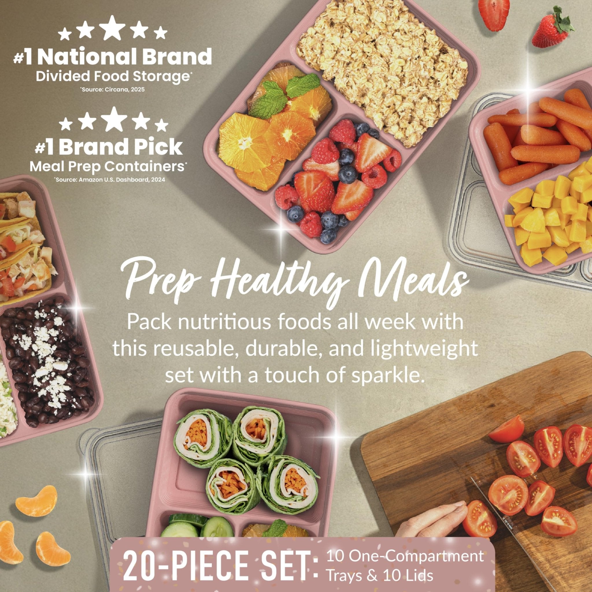 Bentgo Prep - 20-Piece 3-Compartment Reusable Meal Prep Containers with Lids, PFAS & BPA Free Materials, Durable, Microwave, Freezer, & Dishwasher Safe To Go Food Storage (Rosette Glitter) - My Kitchen Products