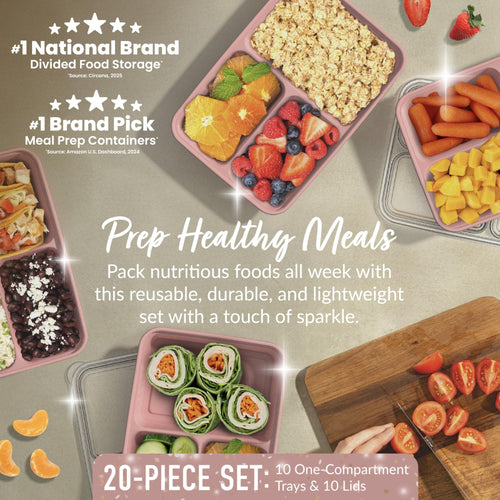 Bentgo Prep - 20-Piece 3-Compartment Reusable Meal Prep Containers with Lids, PFAS & BPA Free Materials, Durable, Microwave, Freezer, & Dishwasher Safe To Go Food Storage (Rosette Glitter) - My Kitchen Products