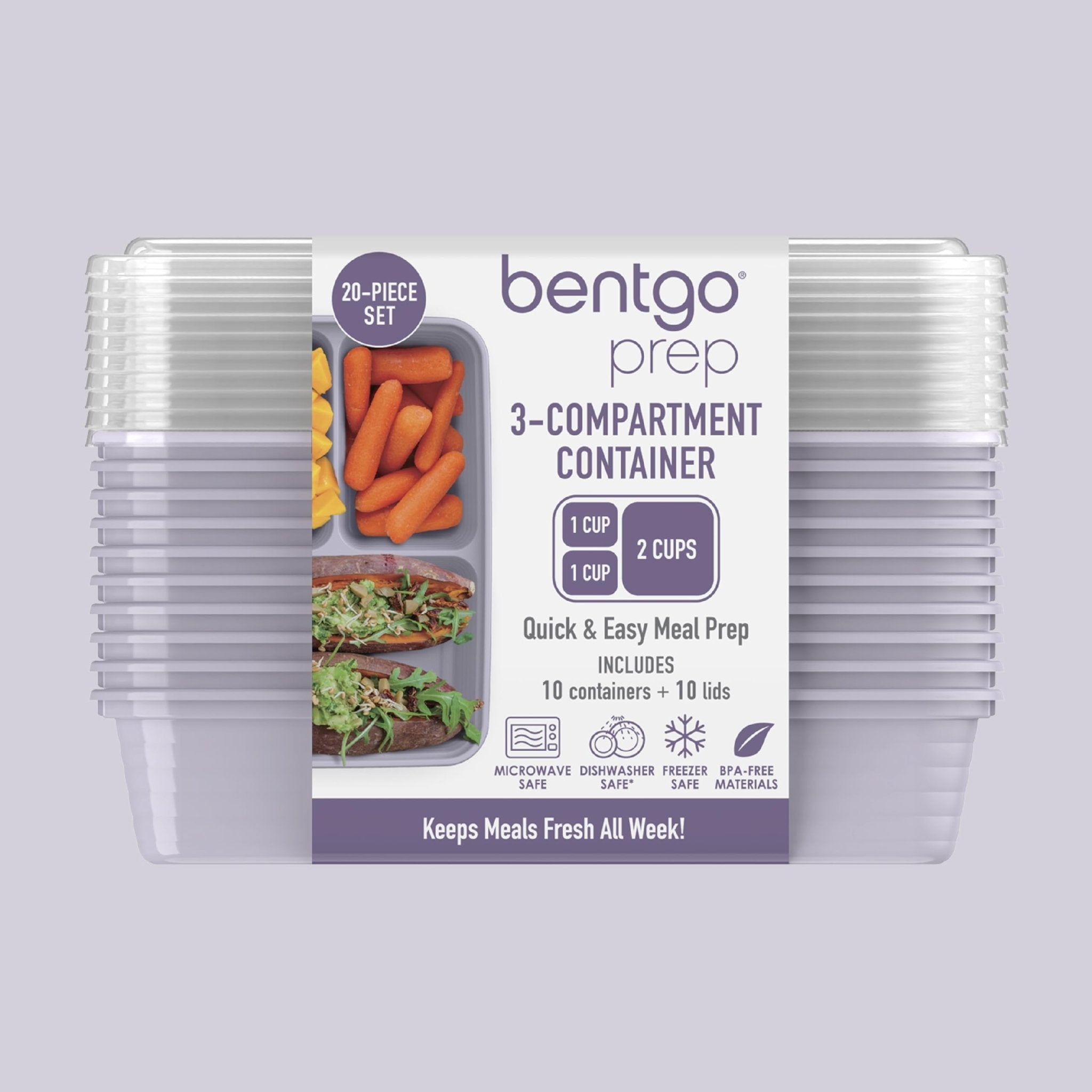 Bentgo Prep - 20-Piece 3-Compartment Reusable Meal Prep Containers with Lids, PFAS & BPA Free Materials, Durable, Microwave, Freezer, & Dishwasher Safe To Go Food Storage (Lilac) - My Kitchen Products