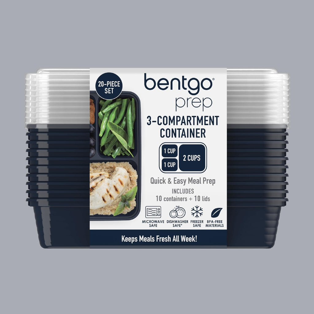 Bentgo Prep - 20-Piece 3-Compartment Reusable Meal Prep Containers with Lids, PFAS & BPA Free Materials, Durable, Microwave, Freezer, & Dishwasher Safe To Go Food Storage (Navy Blue) - My Kitchen Products