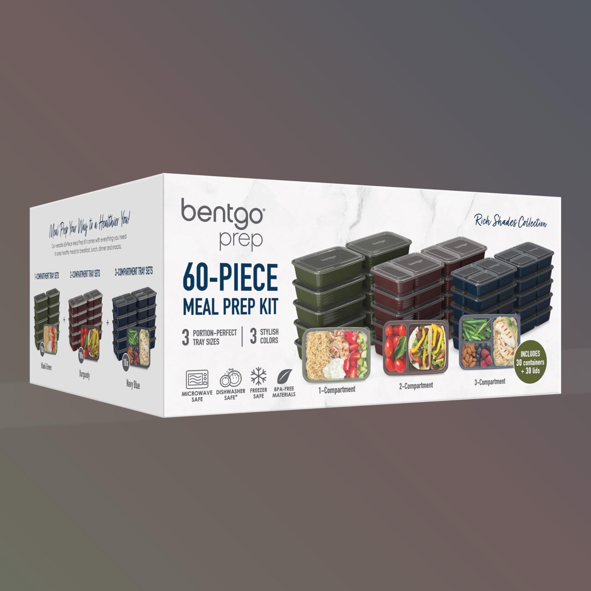 Bentgo Prep 60-Piece Meal Prep Kit - Reusable PFAS & BPA-Free Food Containers, 1-Compartment, 2-Compartment, & 3-Compartments - Microwave, Freezer, & Dishwasher Safe (Rich Shades) - My Kitchen Products