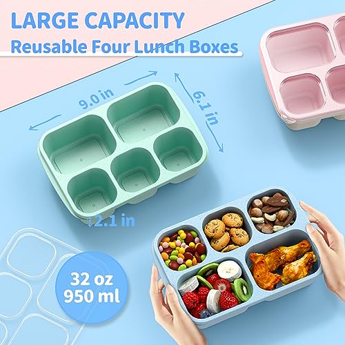 Bento Box Adult Lunch Box - 4 Pack, 5 - Compartment Meal Prep Container for Kids, Reusable Food Storage Snack Containers - Stackable for School, Work, and Travel (Wheat(Green/Blue/Pink/Beige)) - My Kitchen Products