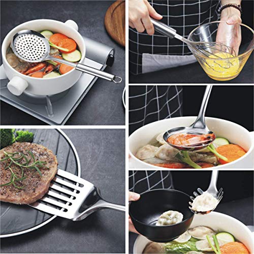 Berglander Cooking Utensil Set 8 Piece, Stainless Steel Kitchen Tool Set with Stand,Cooking Utensils, Slotted Tuner, Ladle, Skimmer, Serving Spoon, Pasta Server,Potato Maseher, Egg Whisk. （8 Pieces） - My Kitchen Products