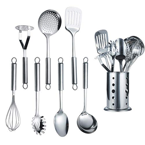 Berglander Cooking Utensil Set 8 Piece, Stainless Steel Kitchen Tool Set with Stand,Cooking Utensils, Slotted Tuner, Ladle, Skimmer, Serving Spoon, Pasta Server,Potato Maseher, Egg Whisk. （8 Pieces） - My Kitchen Products