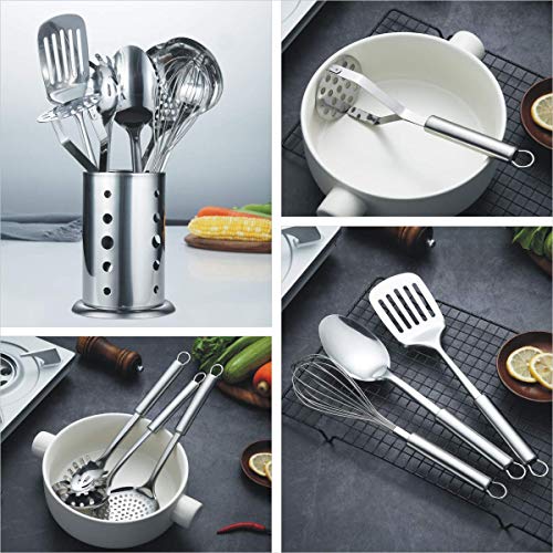 Berglander Cooking Utensil Set 8 Piece, Stainless Steel Kitchen Tool Set with Stand,Cooking Utensils, Slotted Tuner, Ladle, Skimmer, Serving Spoon, Pasta Server,Potato Maseher, Egg Whisk. （8 Pieces） - My Kitchen Products
