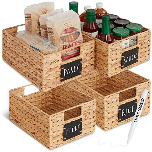 Best Choice Products Set of 4 9x12in Water Hyacinth Pantry Baskets, Woven Organizers w/Chalkboard Label, Chalk