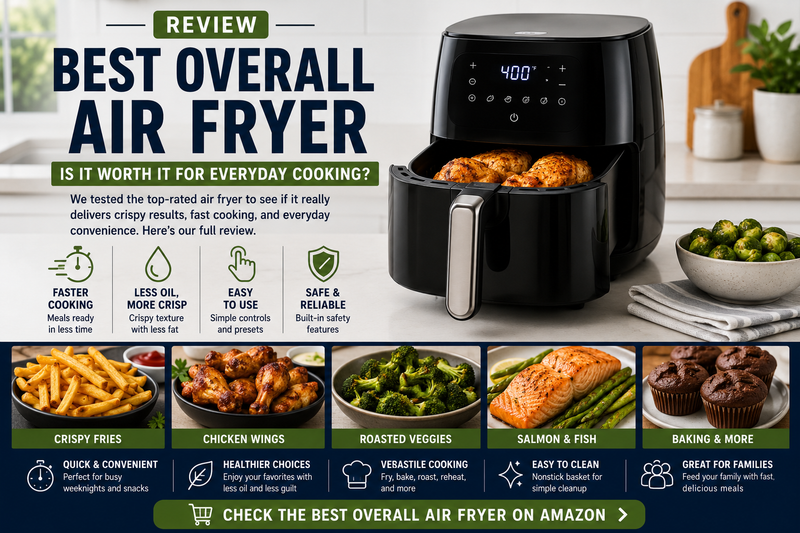 Black air fryer with food inside on a kitchen counter, surrounded by cooking items.