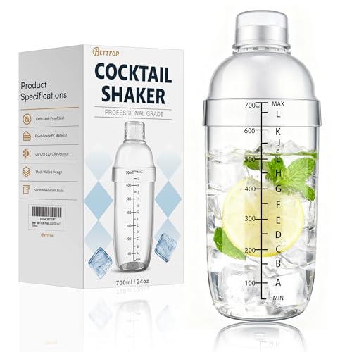 BETTFOR Plastic Cocktail Shaker with Measuring Scale 24oz (700ml), Leak-Proof & Shatter-Resistant Drink Mixer