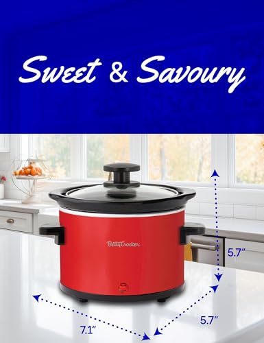 Betty Crocker 0.7-Quart Mini Slow Cooker, Chocolatier & Simmer Pot, Electric Pot with Removable Stoneware Crock, Cool Touch Handles, Tempered Glass Lid, Perfect for Fondue & Dips, BC-2555R, Red - My Kitchen Products
