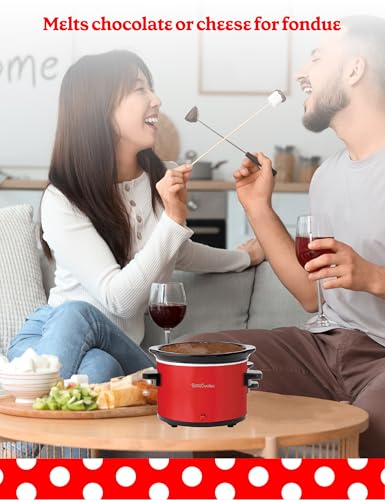 Betty Crocker 0.7-Quart Mini Slow Cooker, Chocolatier & Simmer Pot, Electric Pot with Removable Stoneware Crock, Cool Touch Handles, Tempered Glass Lid, Perfect for Fondue & Dips, BC-2555R, Red - My Kitchen Products