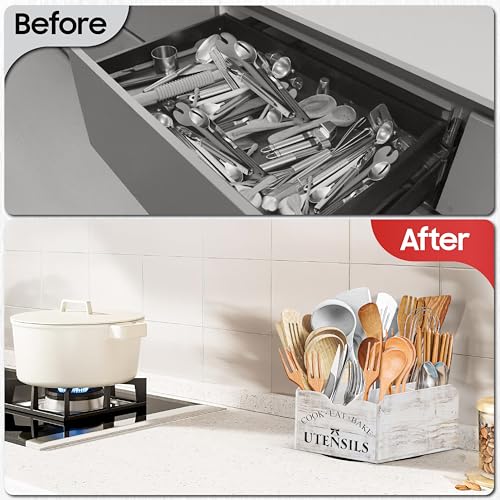 Bewbow [Upgraded] Extra Large Kitchen Utensil Holder for Countertop with 360° Rotating Base, 6 Compartments, Removable Divider, Wooden Utensil Organizer for Countertop, Farmhouse Kitchen Decor - My Kitchen Products