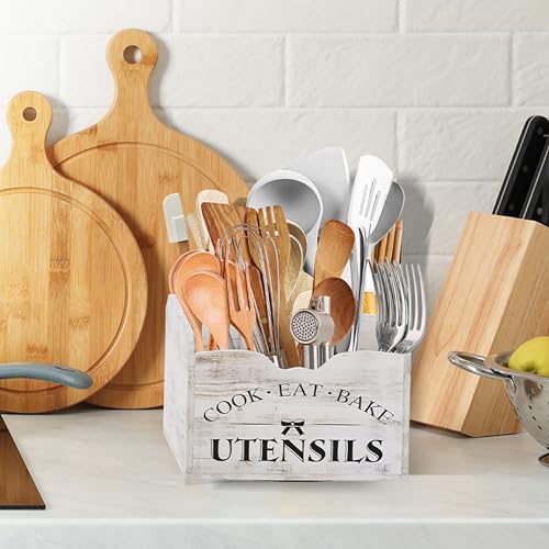 Bewbow [Upgraded] Extra Large Kitchen Utensil Holder for Countertop with 360° Rotating Base, 6 Compartments, Removable Divider, Wooden Utensil Organizer for Countertop, Farmhouse Kitchen Decor - My Kitchen Products
