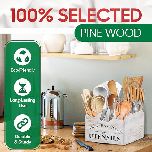 Bewbow [Upgraded] Extra Large Kitchen Utensil Holder for Countertop with 360° Rotating Base, 6 Compartments, Removable Divider, Wooden Utensil Organizer for Countertop, Farmhouse Kitchen Decor - My Kitchen Products