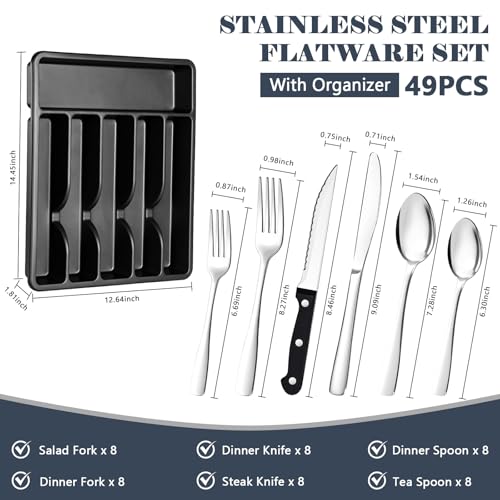BEWOS 49-Piece Silverware Set with Organizer - Stainless Steel Silverware Set for 8 with Steak Knives and Drawer Organizer, Mirror Polished Flatware Set for Home and Restaurant, Dishwasher Safe - My Kitchen Products
