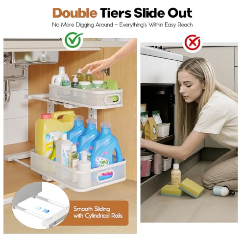 Biboraya 2 Pack Under Sink Organizer With Smooth Cylindrical Rail,2-Tier Pull Out Multi-Purpose Cabinet Storage for Bathroom&Kitchen,Height Adjustable,Rust-resistant Coating-White - My Kitchen Products