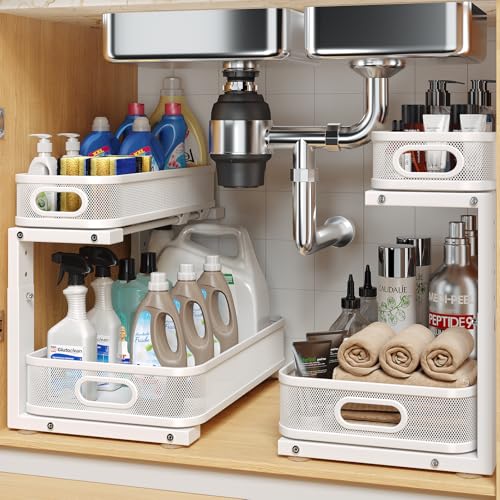 Biboraya 2 Pack Under Sink Organizer With Smooth Cylindrical Rail,2-Tier Pull Out Multi-Purpose Cabinet Storage