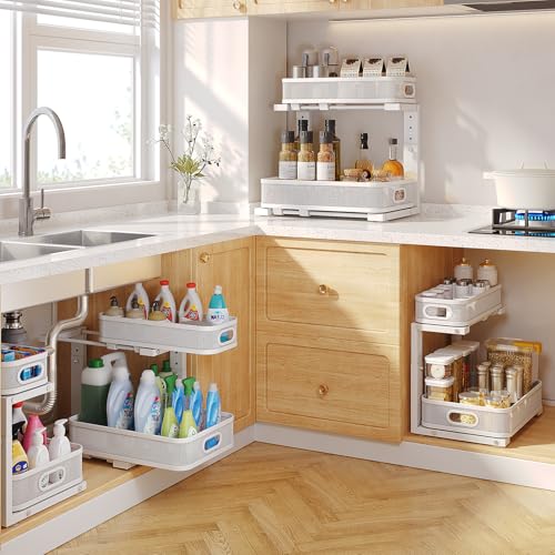 Biboraya 2 Pack Under Sink Organizer With Smooth Cylindrical Rail,2-Tier Pull Out Multi-Purpose Cabinet Storage for Bathroom&Kitchen,Height Adjustable,Rust-resistant Coating-White - My Kitchen Products