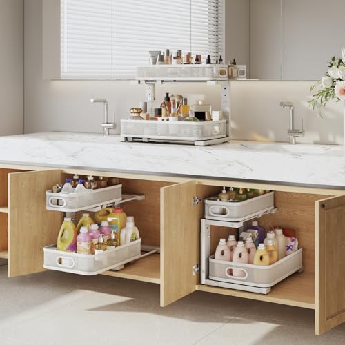 Biboraya 2 Pack Under Sink Organizer With Smooth Cylindrical Rail,2-Tier Pull Out Multi-Purpose Cabinet Storage for Bathroom&Kitchen,Height Adjustable,Rust-resistant Coating-White - My Kitchen Products