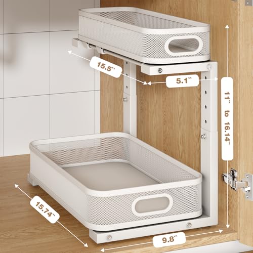 Biboraya 2 Pack Under Sink Organizer With Smooth Cylindrical Rail,2-Tier Pull Out Multi-Purpose Cabinet Storage for Bathroom&Kitchen,Height Adjustable,Rust-resistant Coating-White - My Kitchen Products
