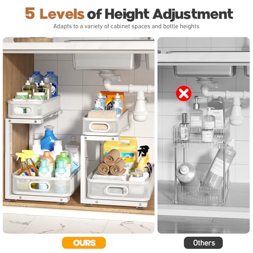 Biboraya 2 Pack Under Sink Organizer With Smooth Cylindrical Rail,2-Tier Pull Out Multi-Purpose Cabinet Storage for Bathroom&Kitchen,Height Adjustable,Rust-resistant Coating-White - My Kitchen Products