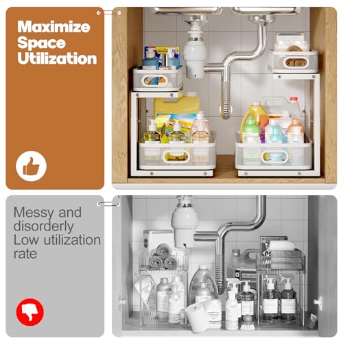 Biboraya 2 Pack Under Sink Organizer With Smooth Cylindrical Rail,2-Tier Pull Out Multi-Purpose Cabinet Storage for Bathroom&Kitchen,Height Adjustable,Rust-resistant Coating-White - My Kitchen Products