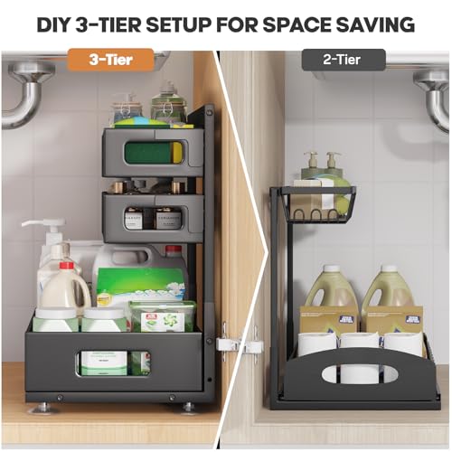 Biboraya 2 Pack Under Sink Organizer,Pull Out Cabinet Organizer with Smooth Cylindrical Rail,Metal Slide Out Drawer for Kitchen Bathroom Laundry Cabinet,8-Level Tool Free Height Adjustable-Black - My Kitchen Products