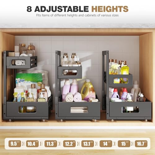 Biboraya 2 Pack Under Sink Organizer,Pull Out Cabinet Organizer with Smooth Cylindrical Rail,Metal Slide Out Drawer for Kitchen Bathroom Laundry Cabinet,8-Level Tool Free Height Adjustable-Black - My Kitchen Products