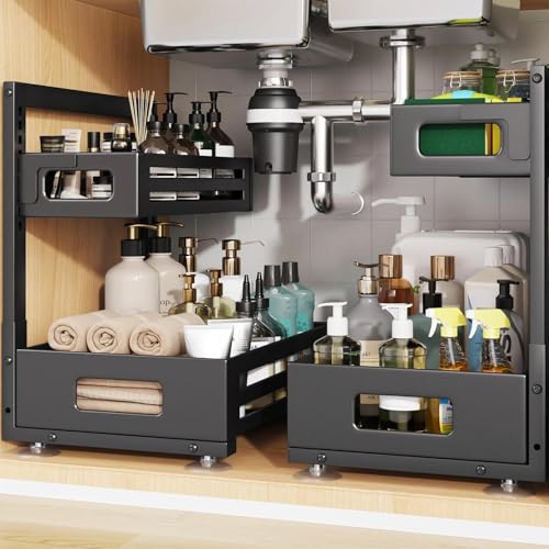 Biboraya 2 Pack Under Sink Organizer,Pull Out Cabinet Organizer with Smooth Cylindrical Rail,Metal Slide Out Drawer